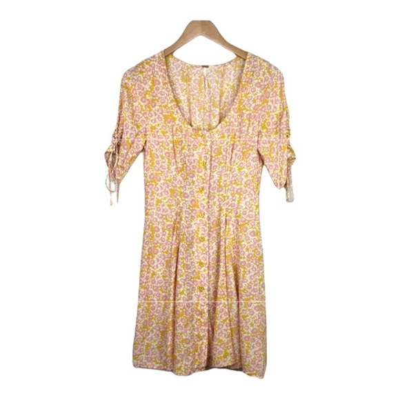 FREE PEOPLE Revolve Yellow Floral Laced Up Mini Dress Button Front Small - Picture 9 of 14